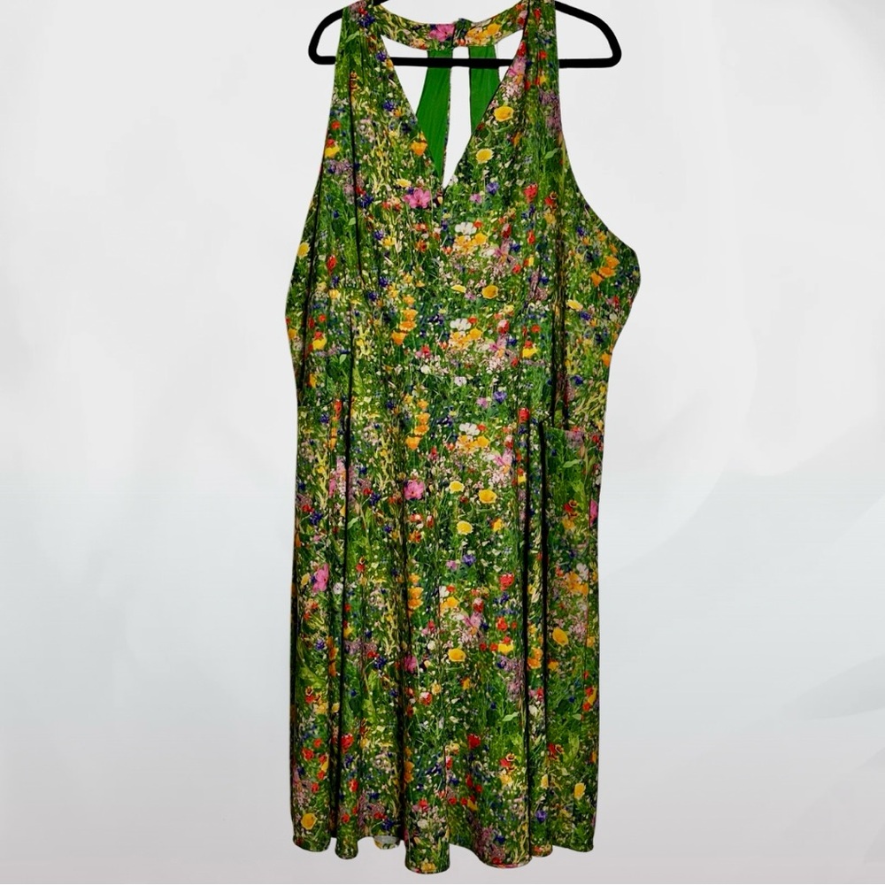 Unique Vintage (26/5X) Cottagecore Garden Floral Dress - Green - Halter, Pockets